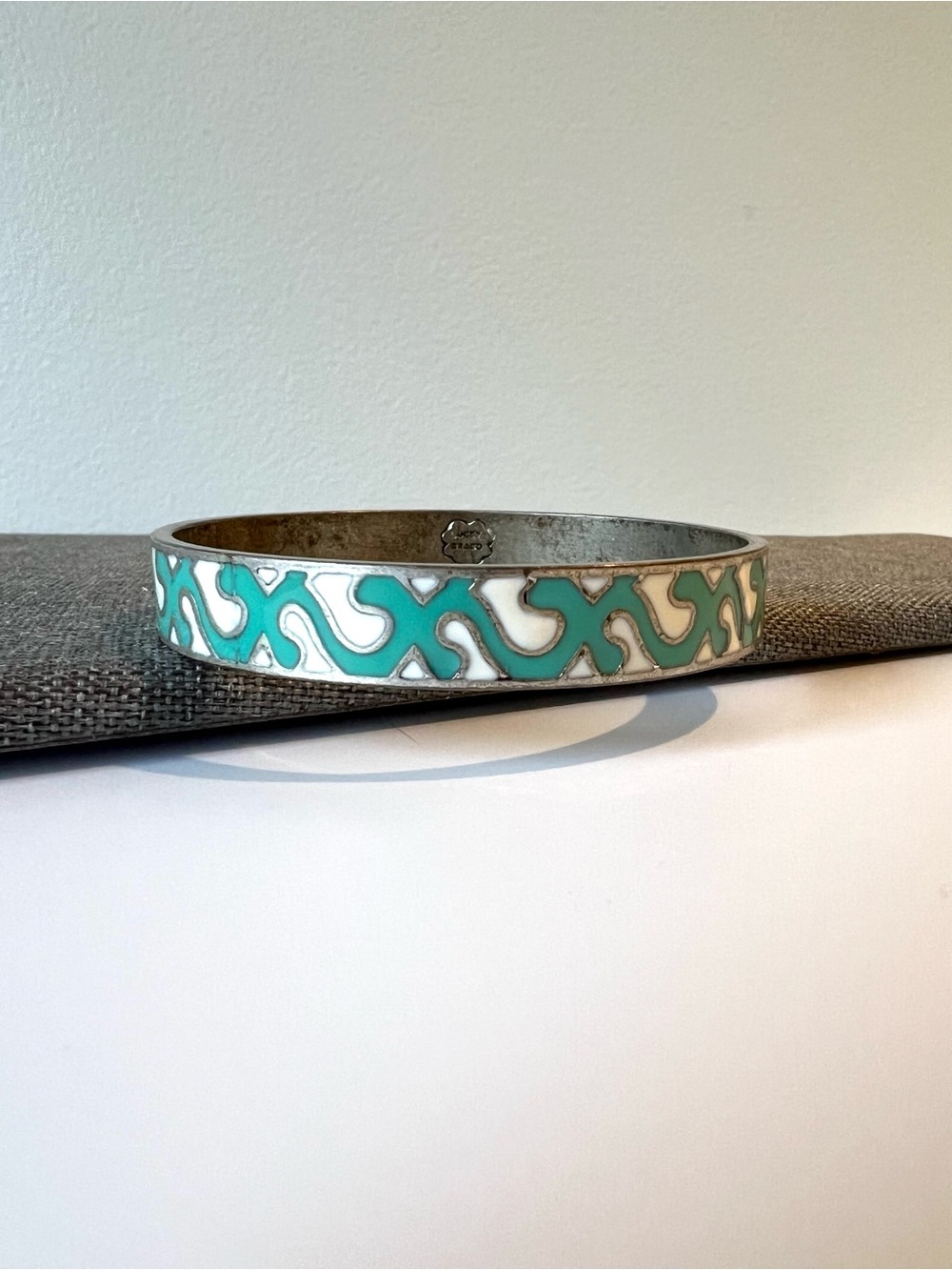 Vintage Lucky Brand Bangle Bracelet Turquoise White Enamel Silver Tone 2.75”